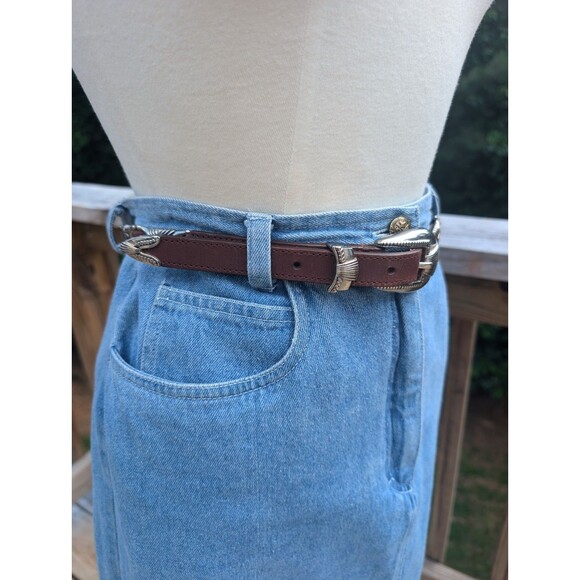 Vintage Brown Leather Belt Concho Western Slim Festival Silver Buckle M/L - Picture 6 of 8